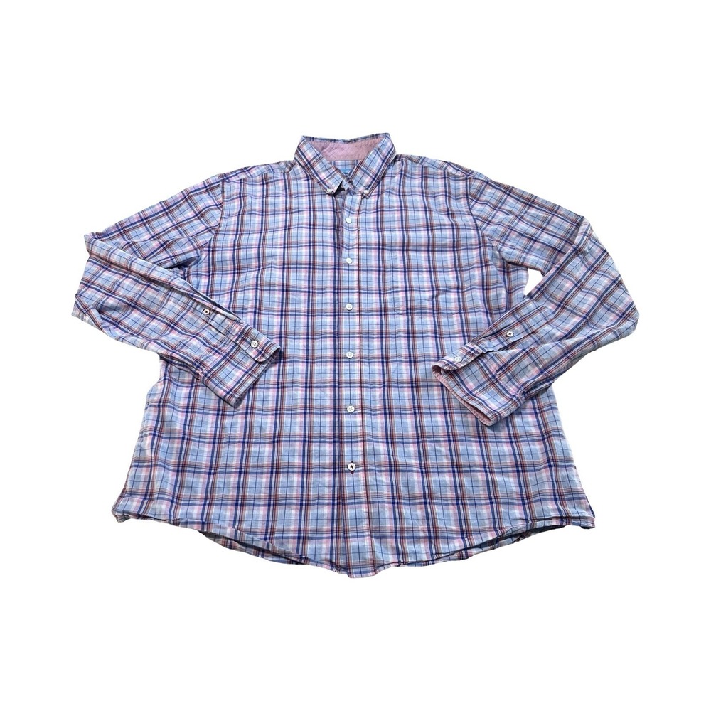 J.McLaughlin Mens XL Modern Fit Plaid Button Down Shirt Blue Pink Cotton Preppy